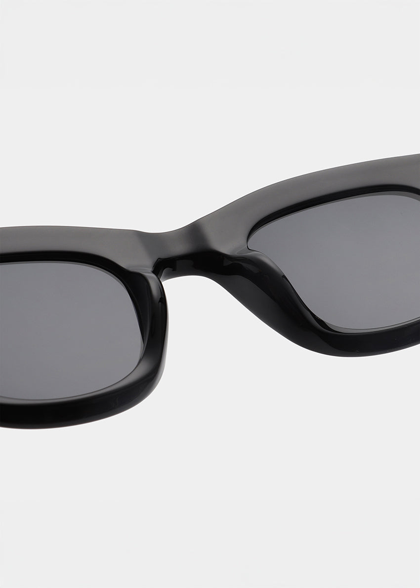 Black sunglasses with dark lenses on a white background
