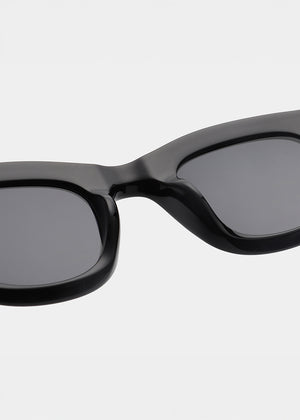 Black sunglasses with dark lenses on a white background