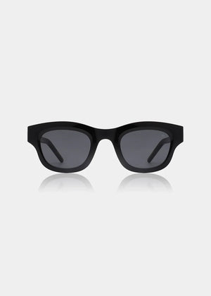 Black sunglasses with dark lenses on a white background