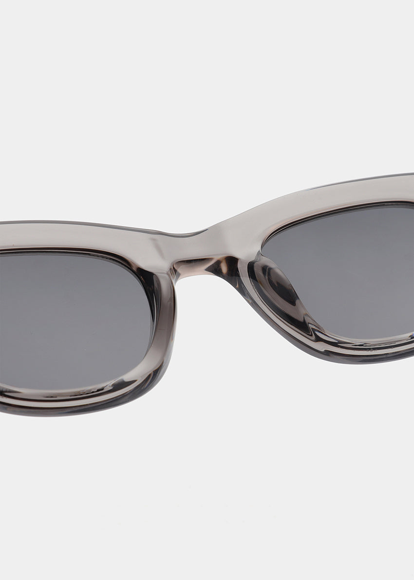 Sunglasses with a transparent frame and dark lenses on a white background