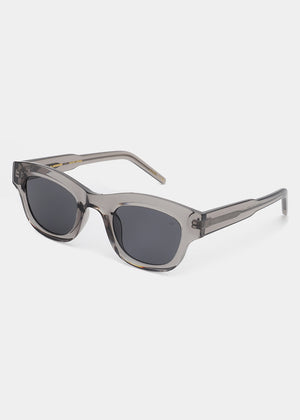 Sunglasses with a transparent frame and dark lenses on a white background