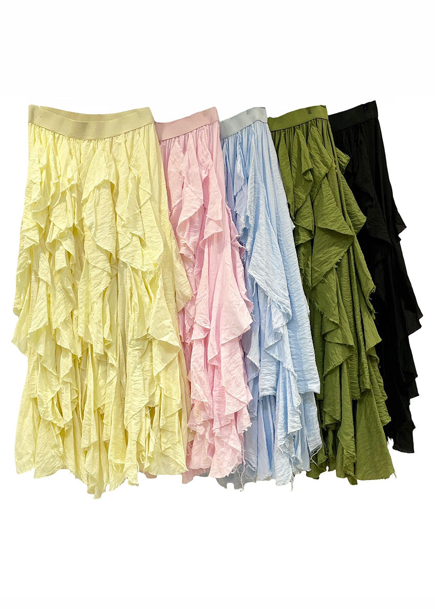 Set of five ruffled skirts in yellow, pink, blue, green, and black on a white background.