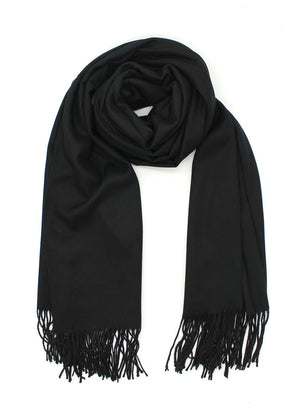Black shawl with fringed details on a white background
