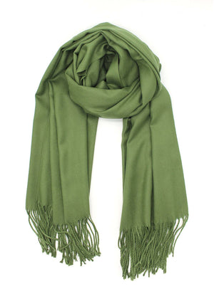 Green shawl with fringed details on a white background