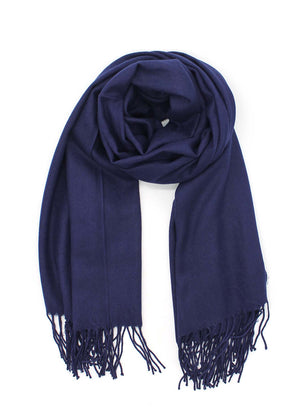 Midnight blue shawl with fringed details on a white background