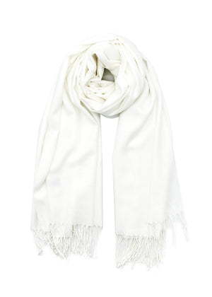 White shawl with fringed details on a white background