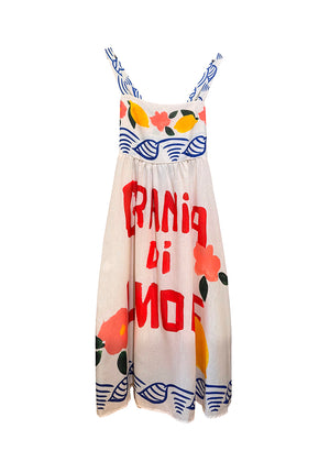 A playful dress with thin shoulder straps and a relaxed, floaty silhouette. Crafted in a light fabric with hand-painted style graphics, the back has a flexible fit through the bust.