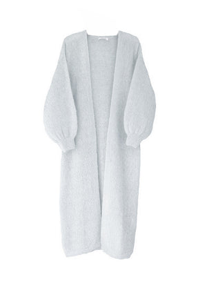 A alice blue mohair cardigan with long sleeves and a V-neck design, designed to be worn over other clothing items.