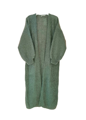 A khaki mohair cardigan with long sleeves and a V-neck design, designed to be worn over other clothing items.