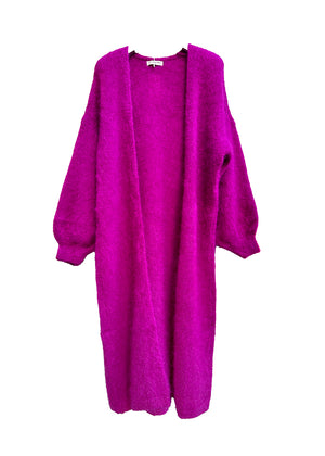 Magenta mohair long cardigan on a white background 