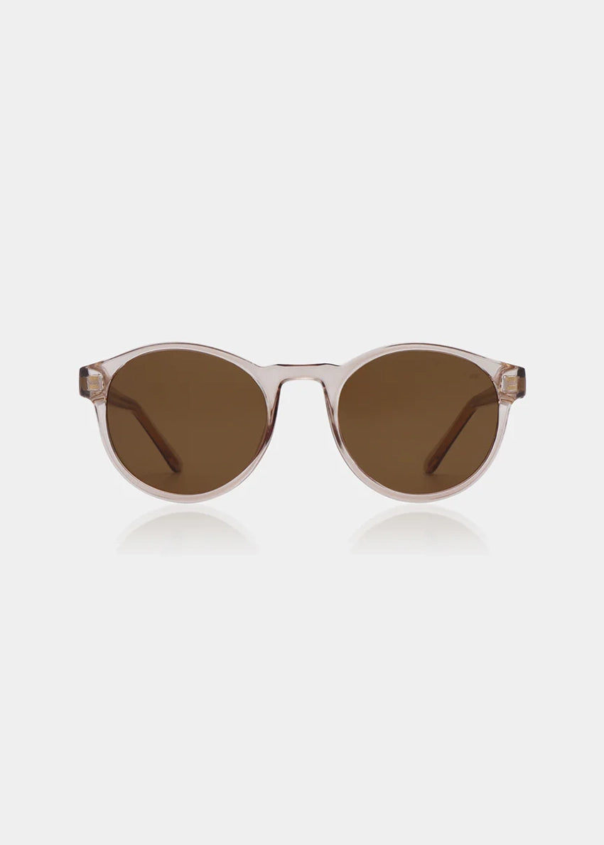 Round sunglasses with brown lenses on a white background