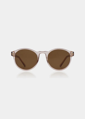 Round sunglasses with brown lenses on a white background