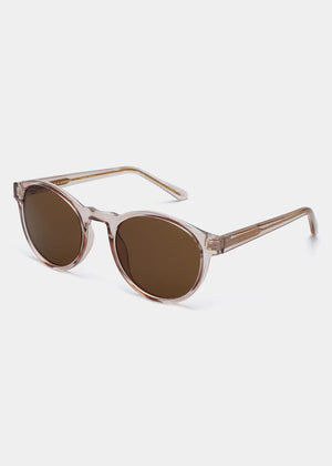 Sunglasses with brown lenses and a light frame on a white background