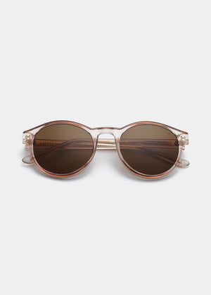 Round sunglasses with rose gold frame and brown lenses on a white background
