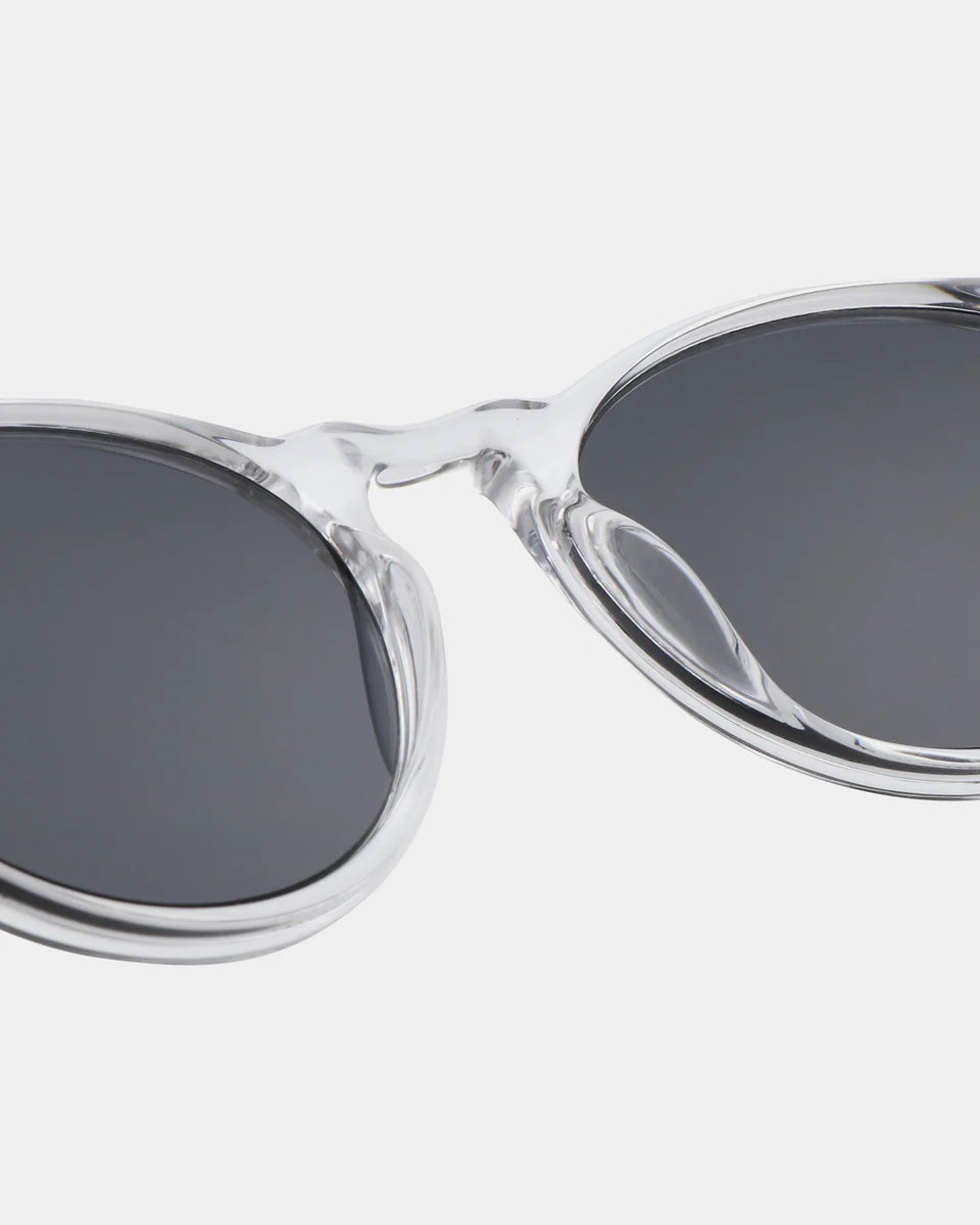 Clear frame sunglasses with dark lenses on a white background