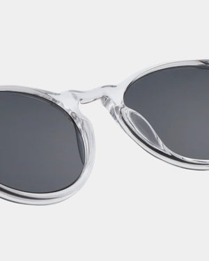 Clear frame sunglasses with dark lenses on a white background