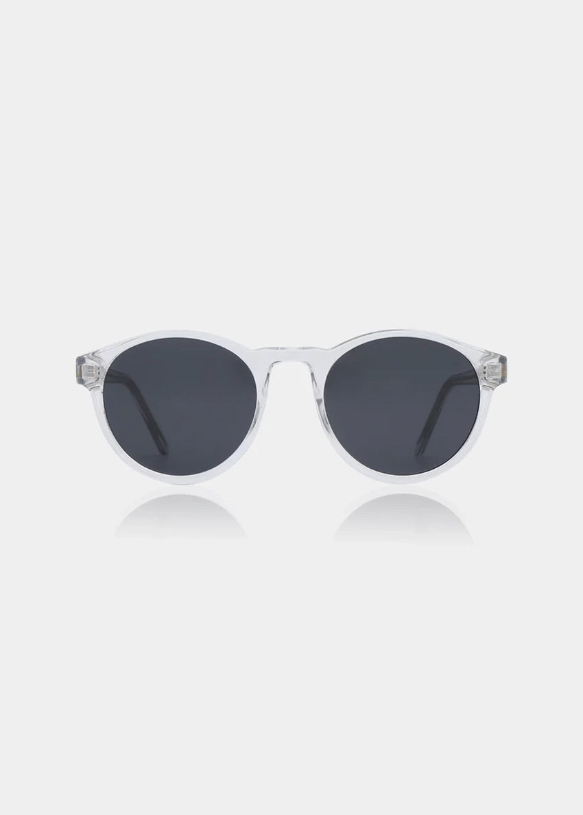 Clear frame sunglasses with dark lenses on a white background