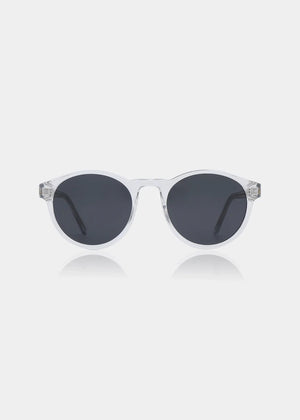 Clear frame sunglasses with dark lenses on a white background