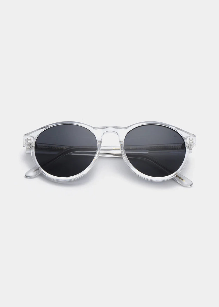 Round sunglasses with black lenses on a white background