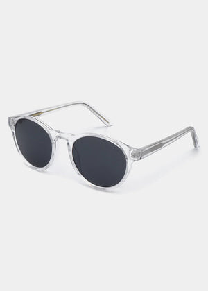 Clear frame sunglasses with dark lenses on a white background