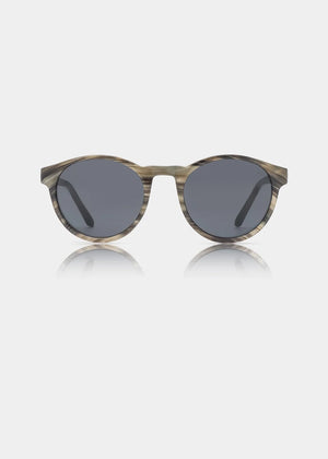 Round sunglasses with wooden frame and dark lenses on a white background