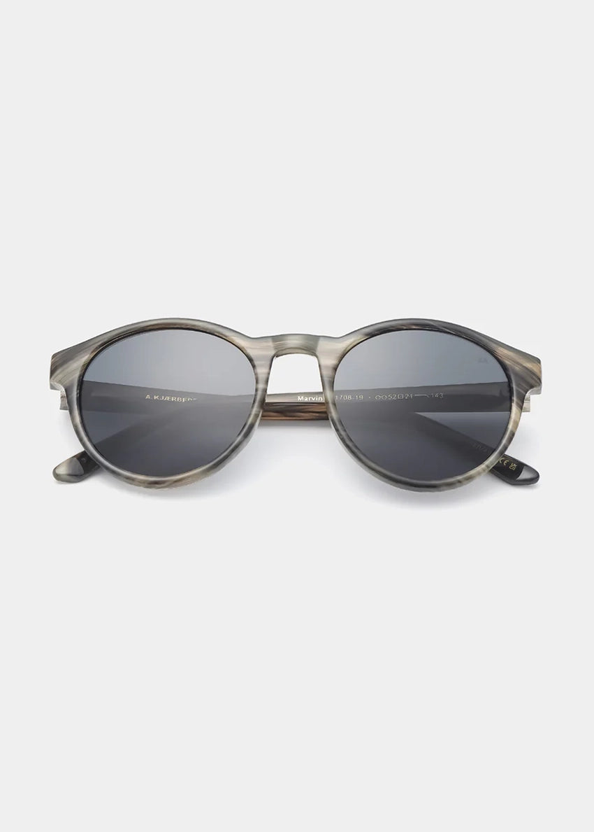 Round sunglasses with dark lenses on a white background
