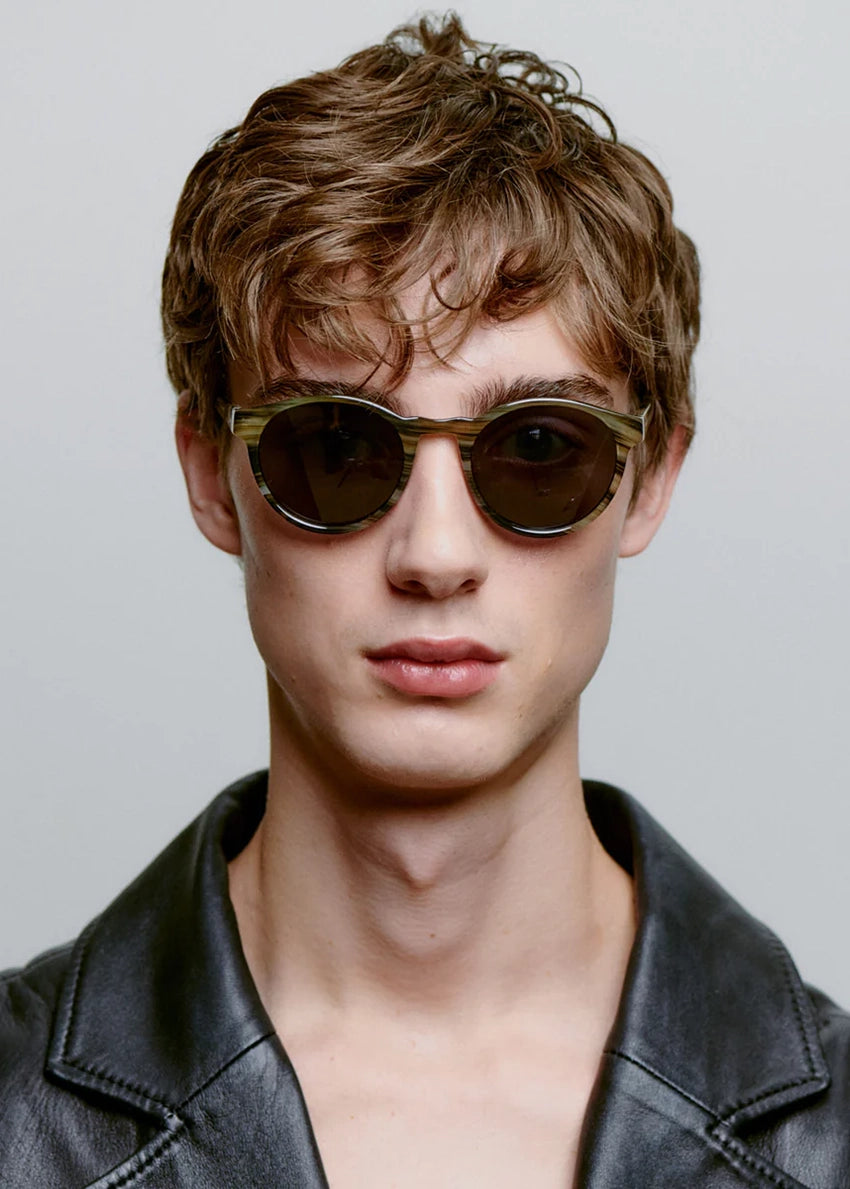 Man wearing sunglasses and a black leather jacket against a plain background