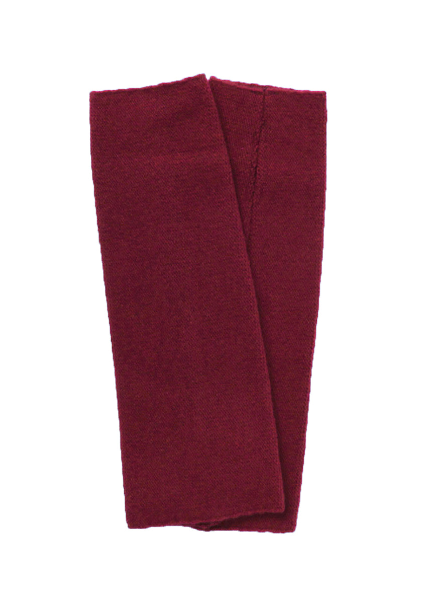 A pair of red merino wool armwarmers laid flat on a white background.