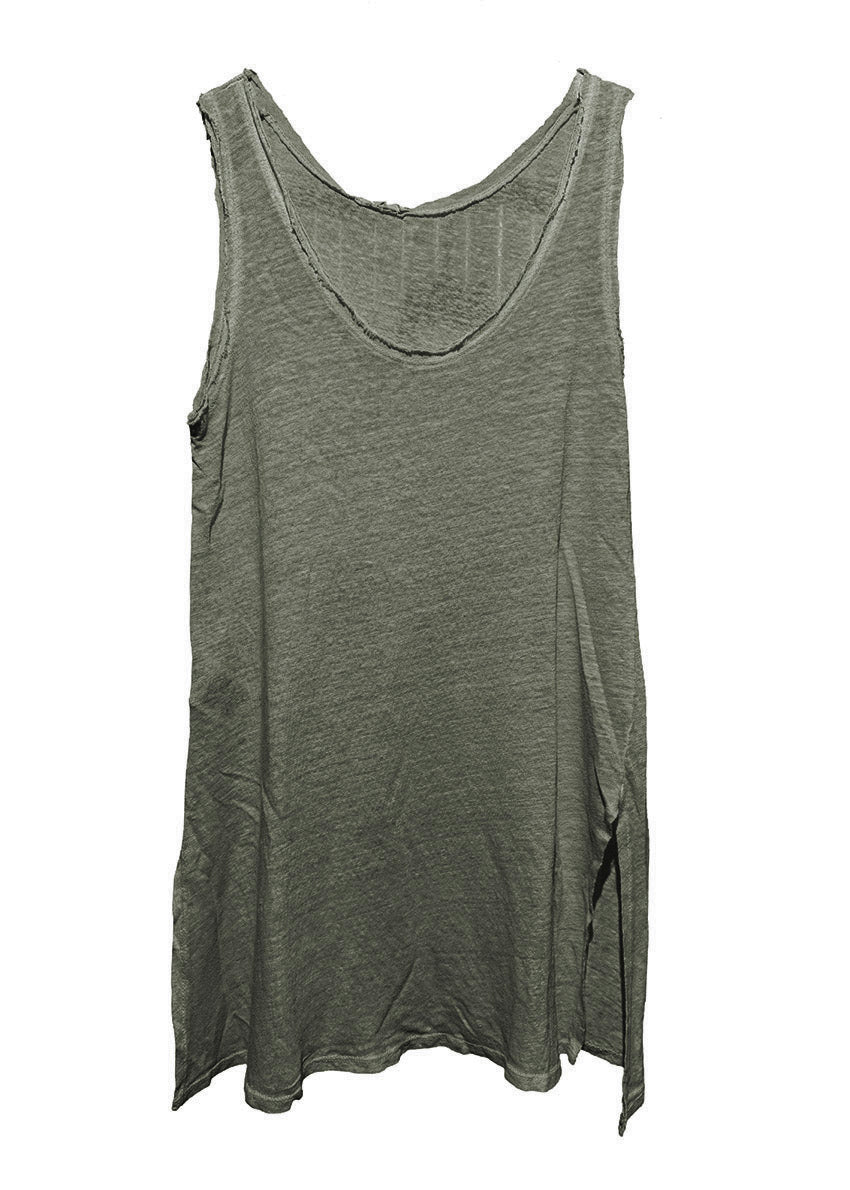 A white sleeveless linen top with a round neckline and front slits