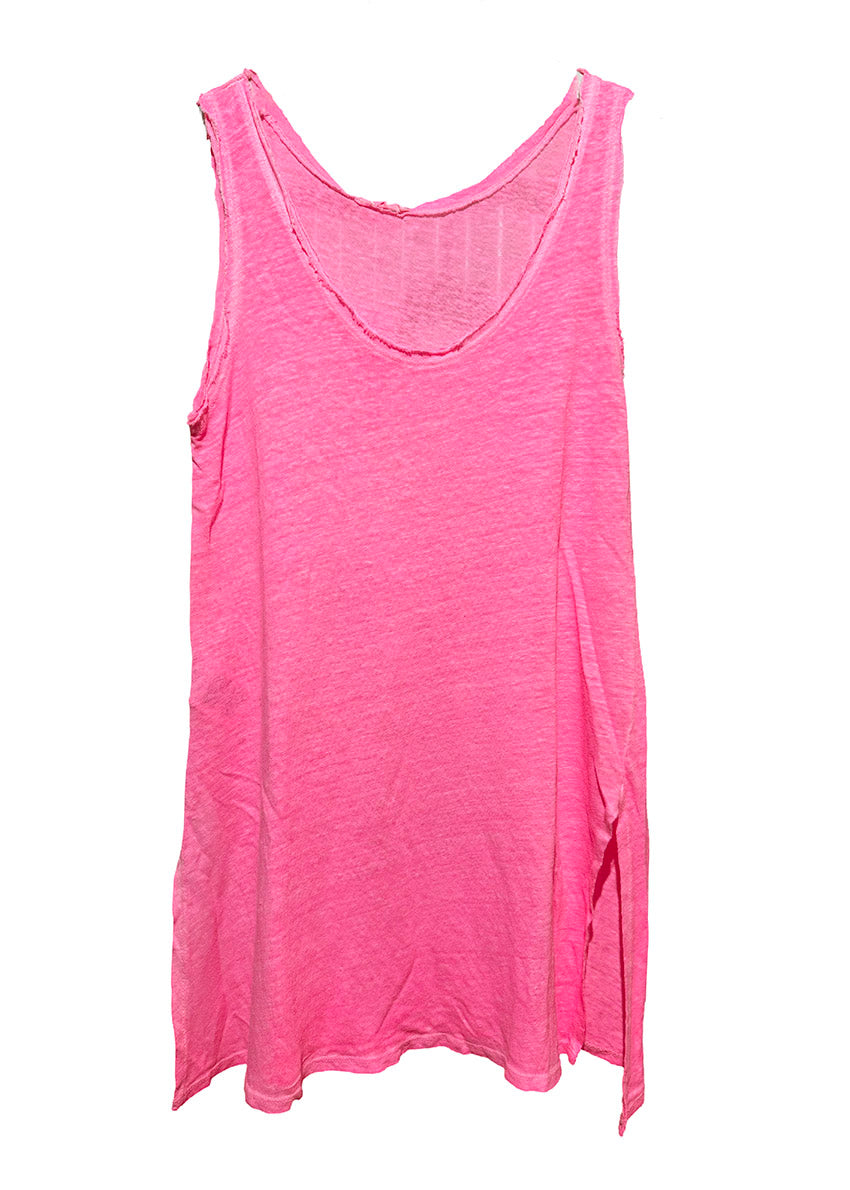 A pink sleeveless linen top with a round neckline and front slits