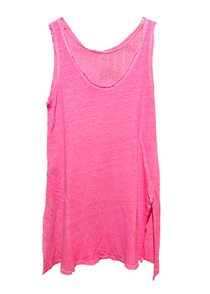 A pink sleeveless linen top with a round neckline and front slits