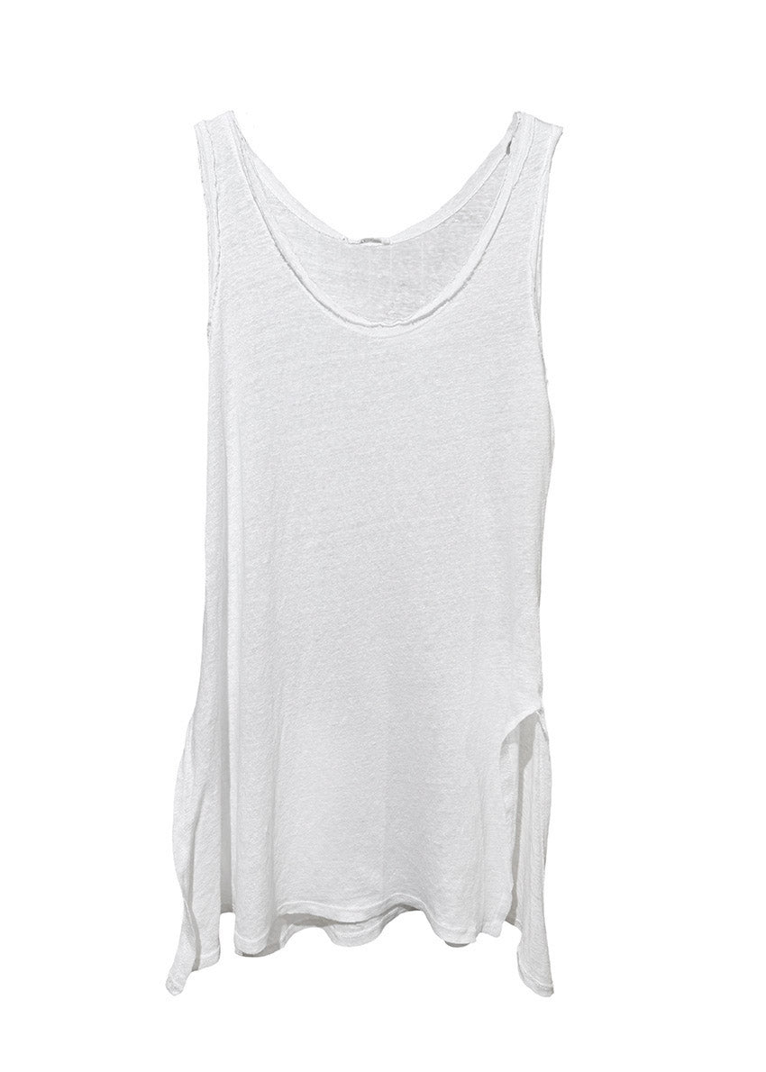 A white sleeveless linen top with a round neckline and front slits