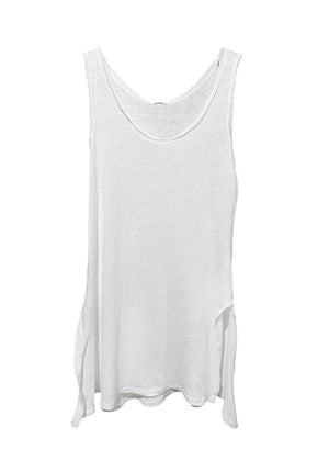 A white sleeveless linen top with a round neckline and front slits