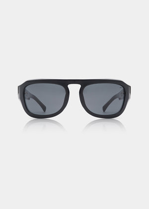 Black sunglasses with dark lenses on a white background