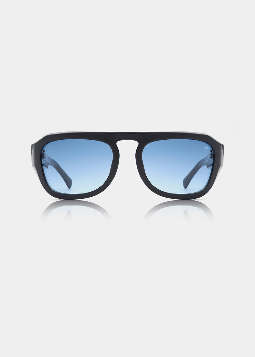 Black sunglasses with blue lenses on a white background
