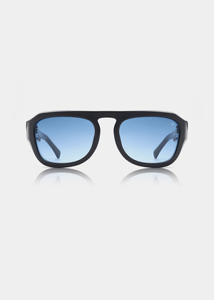 Black sunglasses with blue lenses on a white background