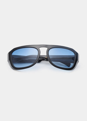 Black sunglasses with blue lenses on a white background