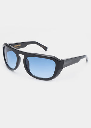 Black sunglasses with blue gradient lenses on a white background