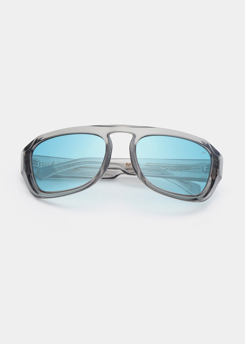 Sunglasses with blue lenses and gray frame on a white background