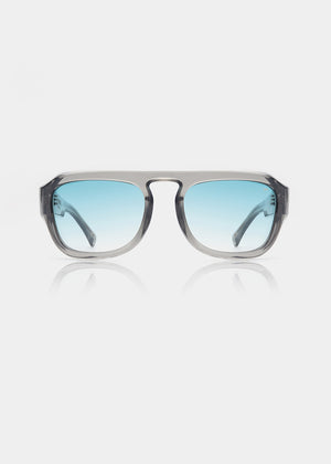 Sunglasses with blue gradient lenses on a white background