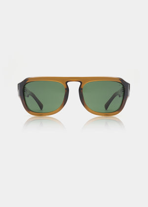 Sunglasses with brown frame and green lenses on a white background