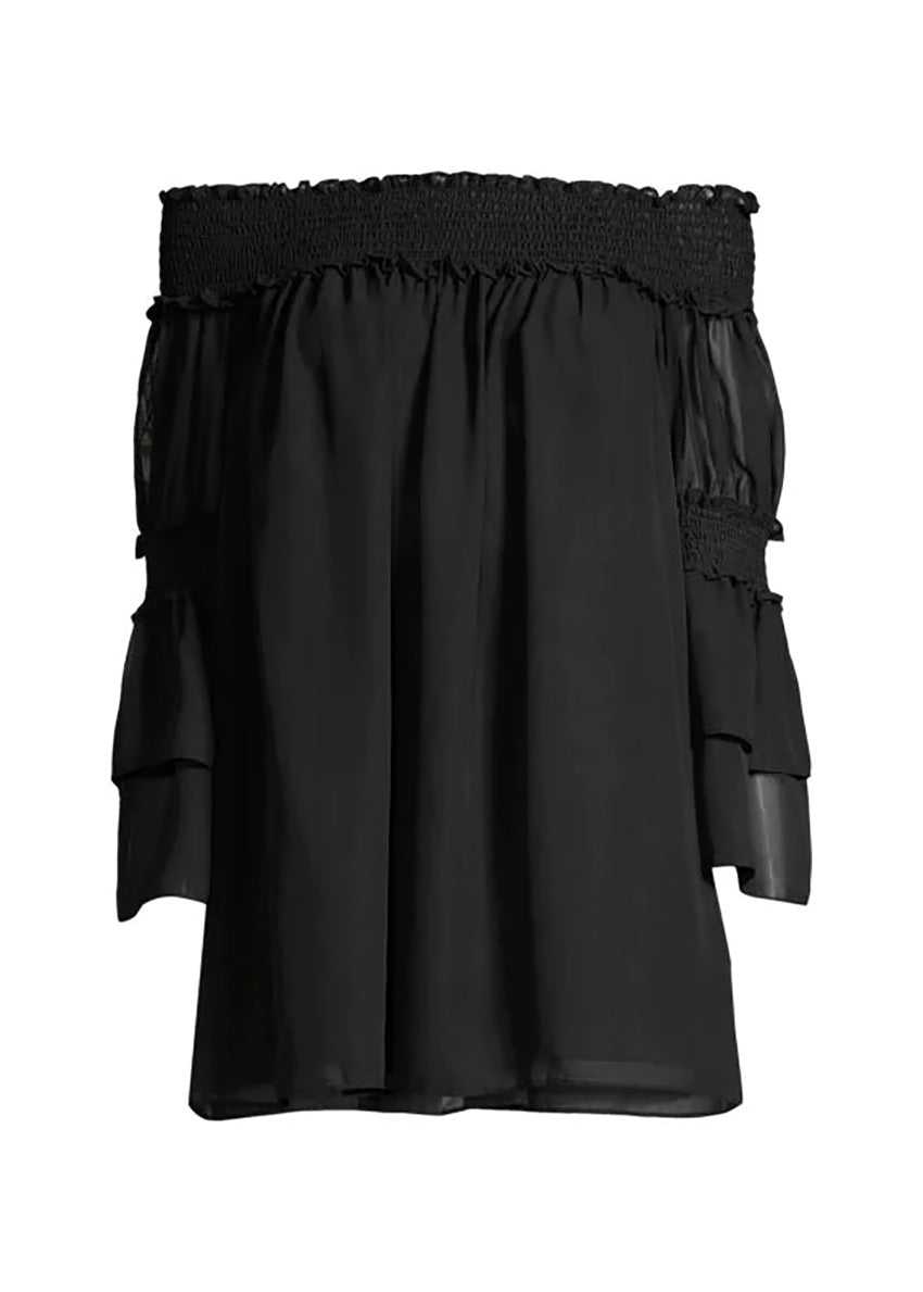 Black off-the-shoulder top with bracelet sleeves and tiered ruffle cuffs 
