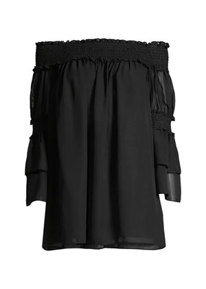 Black off-the-shoulder top with bracelet sleeves and tiered ruffle cuffs 