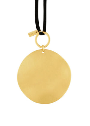 An oversized gold-plated ball pendant necklace with a black string.
