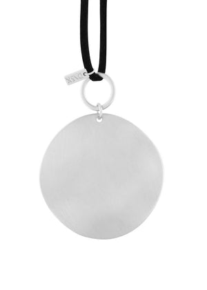An oversized silver-plated ball pendant necklace with a black string.