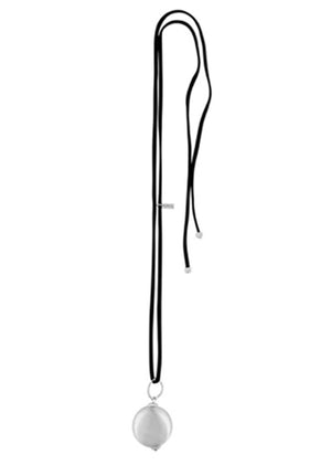 A gold-plated oversized ball pendant necklace with a black chain and a small silver chain attached to the ball.