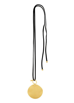 An oversized gold-plated ball pendant necklace with a black string.