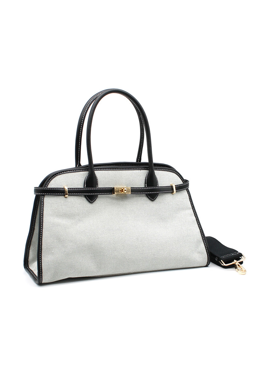 A white canvas Mendocino bag with black details and a gold metallic zipper, displayed against a plain background.