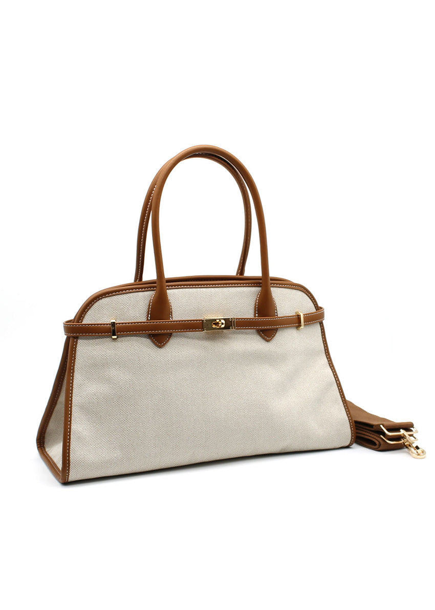A white canvas Mendocino bag with peru details and a gold metallic zipper, displayed against a plain background.