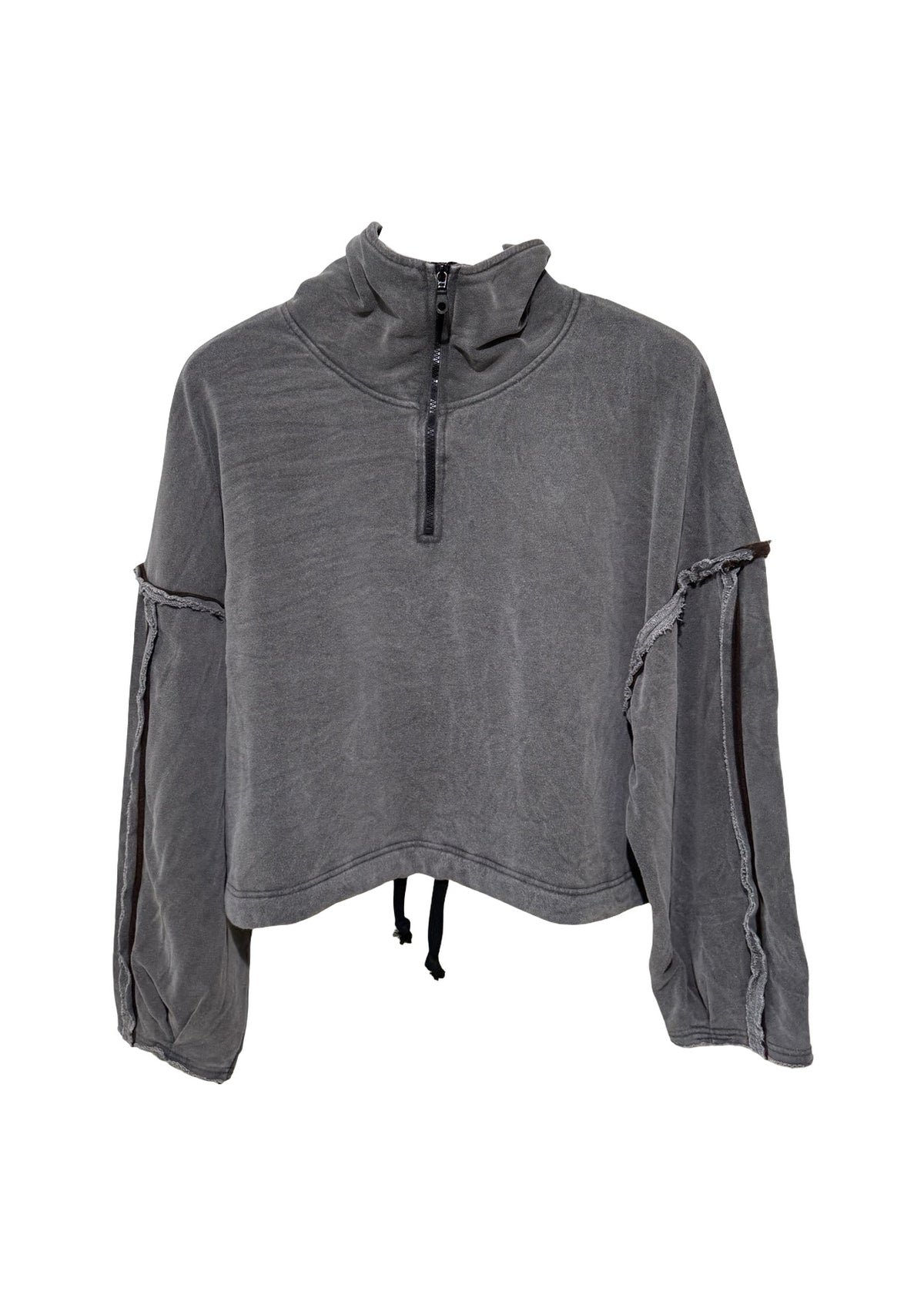 Gray hoodie with a quarter zip on a white background